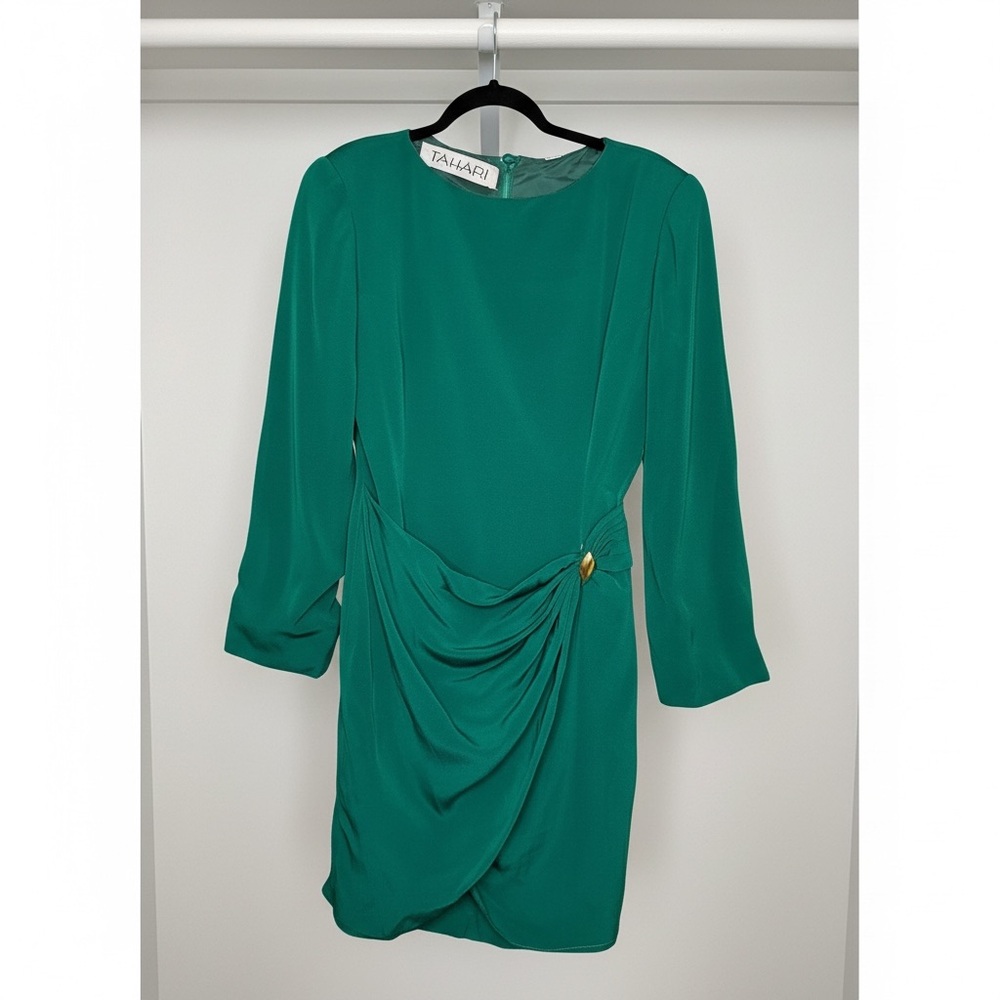 Vintage Tahari Long Sleeve Bodycon Midi Dress Dark Green Teal with Gold Hardware